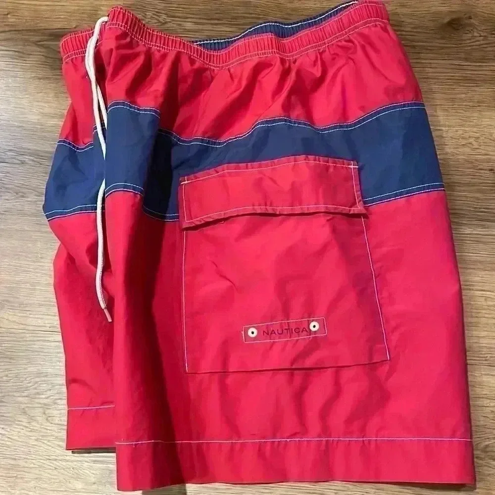 Nautica Men’s Large Swim Trunks Pull String Red Blue Pocket Mesh Lake Beach